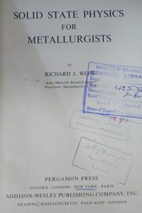 Image of : SOLID STATE PHYSICS FOR METALLURGISTS