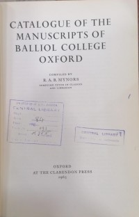 Image of CATALOGUE OF THE MANUSCRIPTS OF BALLIOL COLLEGE OXFORD